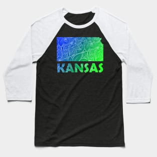 Colorful mandala art map of Kansas with text in blue and green Baseball T-Shirt